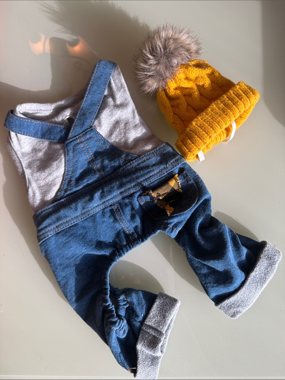 XXS Dog Denim Overalls and Mustard beanie